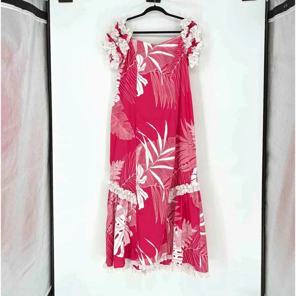 Vtg Pink & White Tropical Print Ruffled Muumuu Maxi Dress - XL - Made in Hawaii